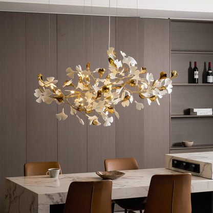 Elegant Gold & White Gingko Leaf Chandelier - Adjustable Height, LED C