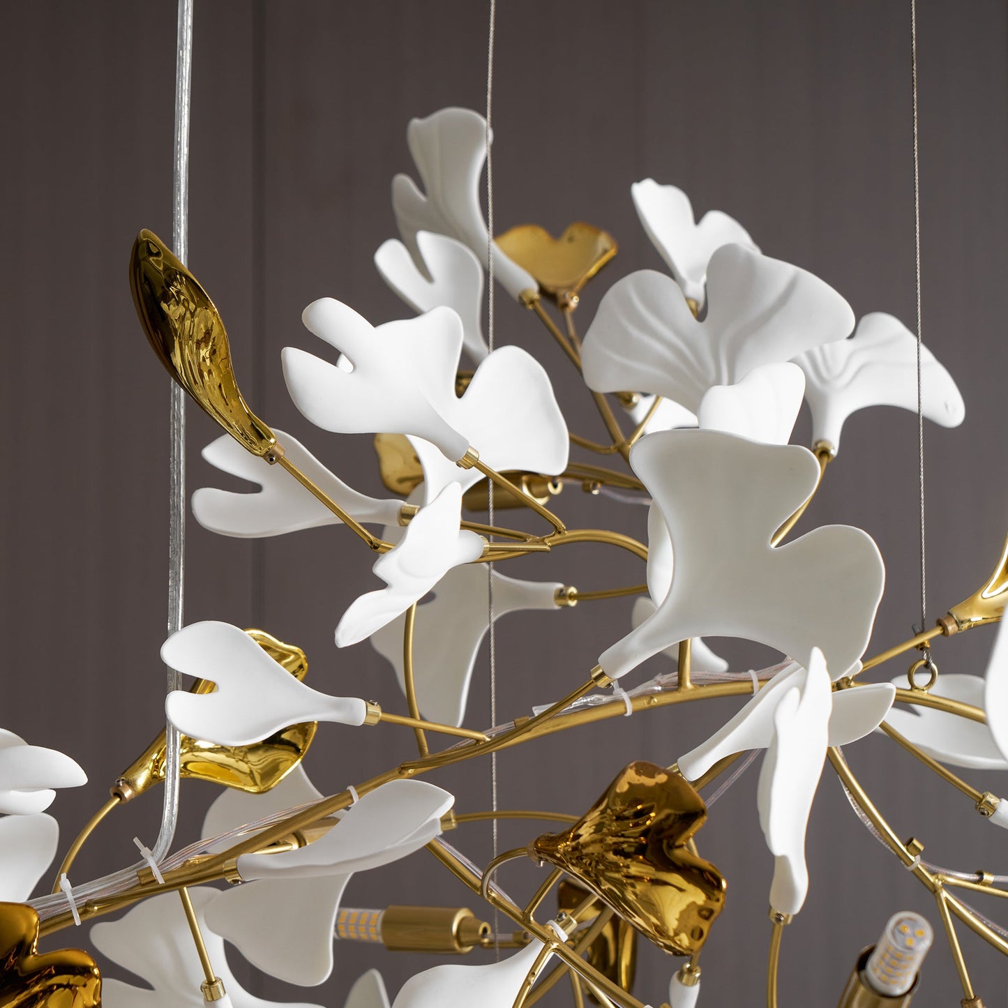 Elegant Gold & White Gingko Leaf Chandelier - Adjustable Height, LED C