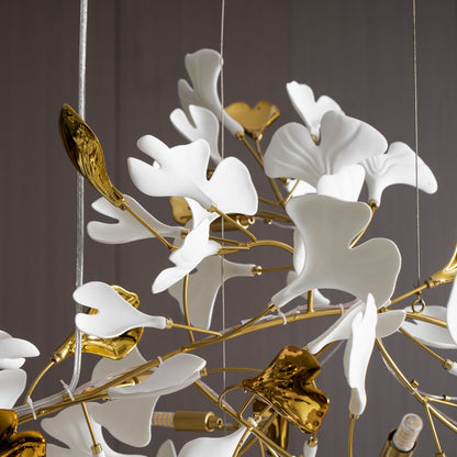 Elegant Gold & White Gingko Leaf Chandelier - Adjustable Height, LED C