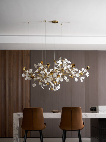 Elegant Gold & White Gingko Leaf Chandelier - Adjustable Height, LED C