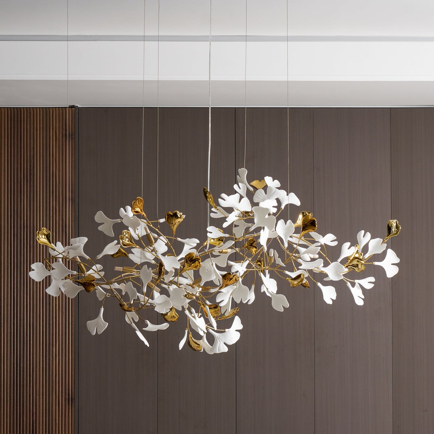 Elegant Gold & White Gingko Leaf Chandelier - Adjustable Height, LED C