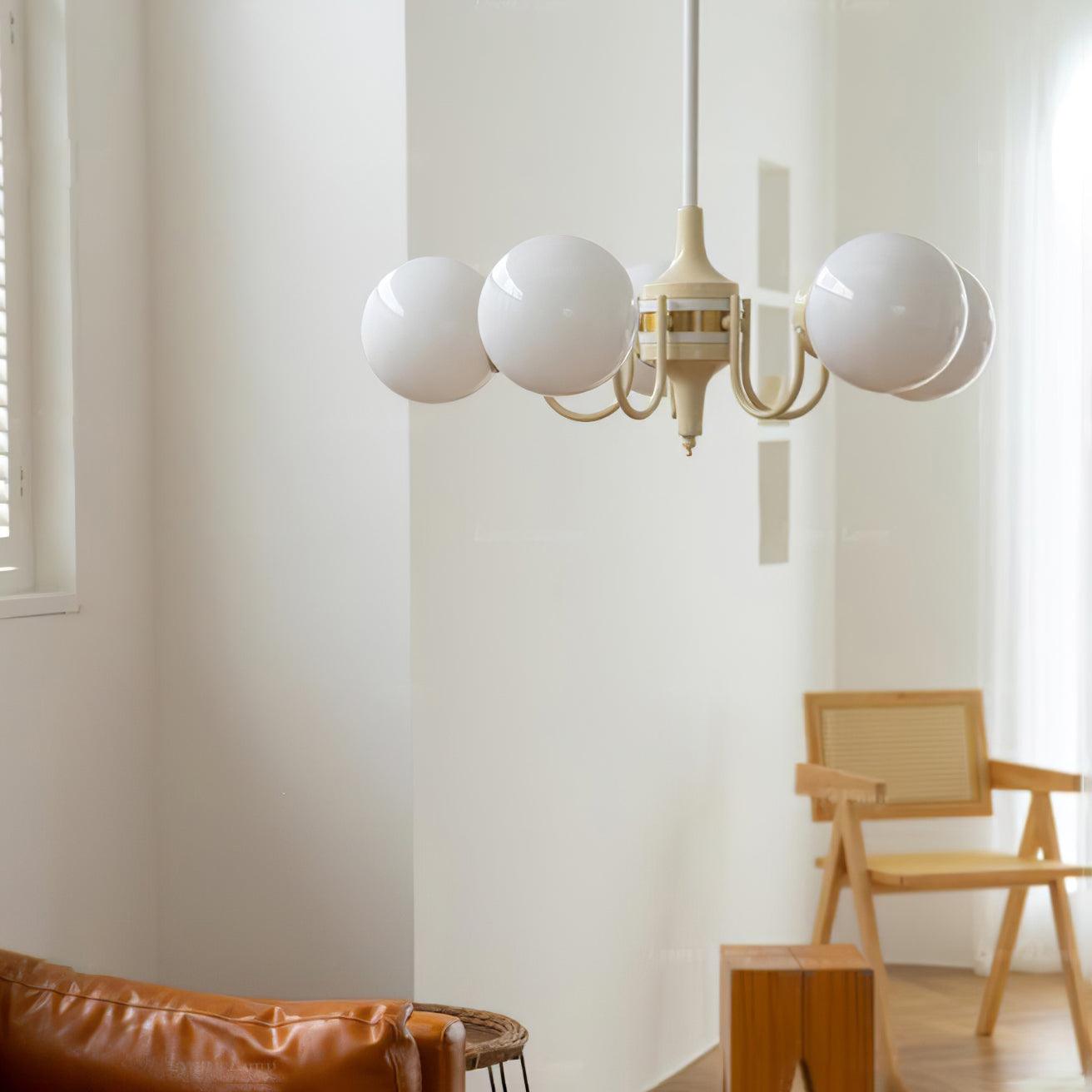 Elegant Cream Glass Ball Chandelier with Adjustable Height & Soft Glow
