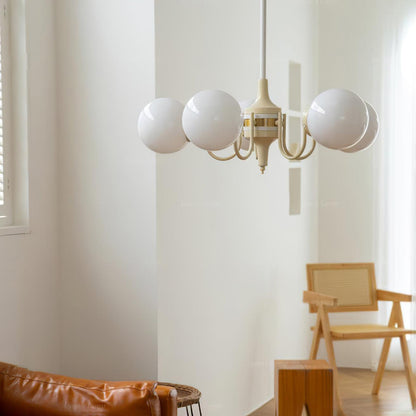 Elegant Cream Glass Ball Chandelier with Adjustable Height & Soft Glow