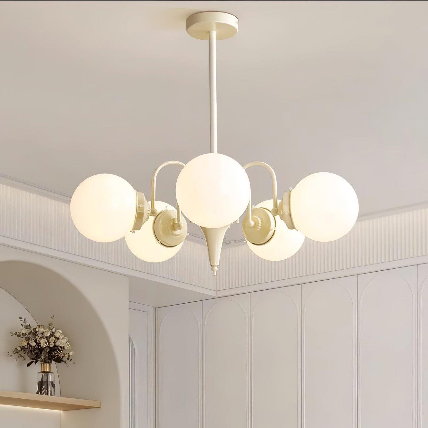 Elegant Cream Glass Ball Chandelier with Adjustable Height & Soft Glow