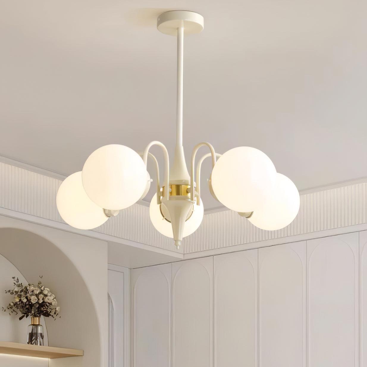 Elegant Cream Glass Ball Chandelier with Adjustable Height & Soft Glow