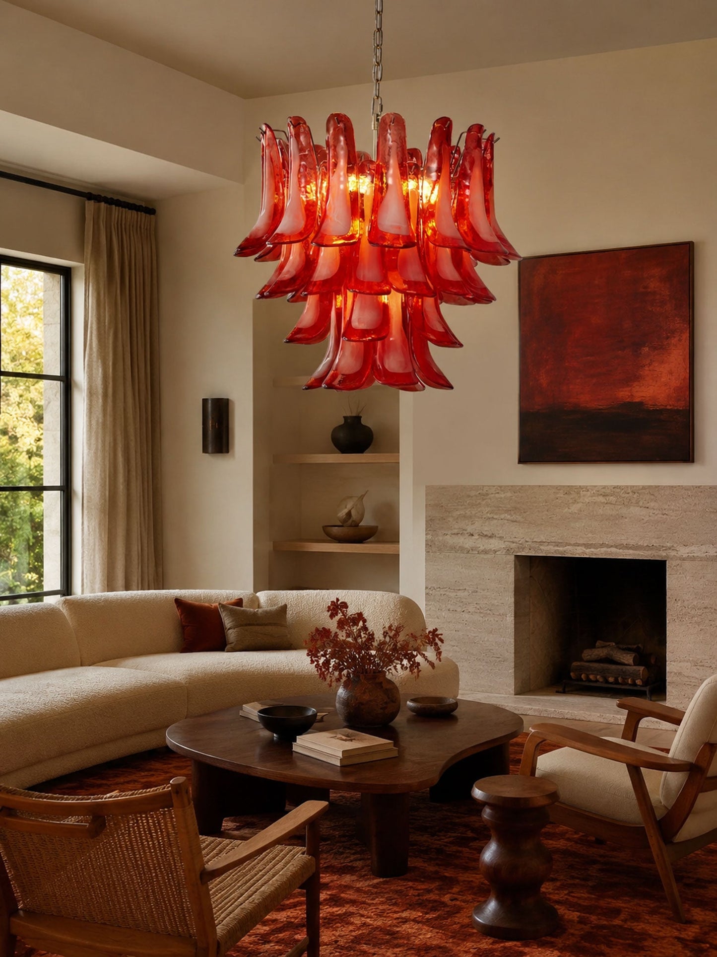 Crimson Glass Petals Chandelier - Elegant Design with Adjustable Heigh