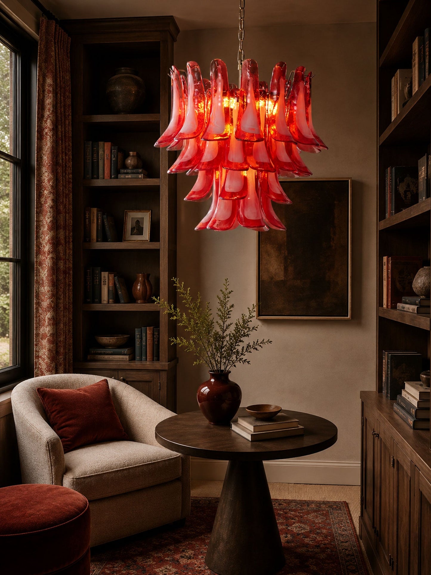 Crimson Glass Petals Chandelier - Elegant Design with Adjustable Heigh