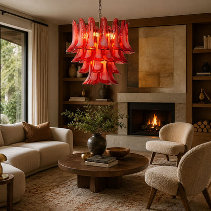 Crimson Glass Petals Chandelier - Elegant Design with Adjustable Heigh