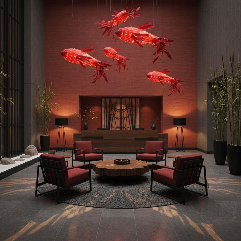 Crimson Swirl Koi Chandelier - Elegant Design with Adjustable Height