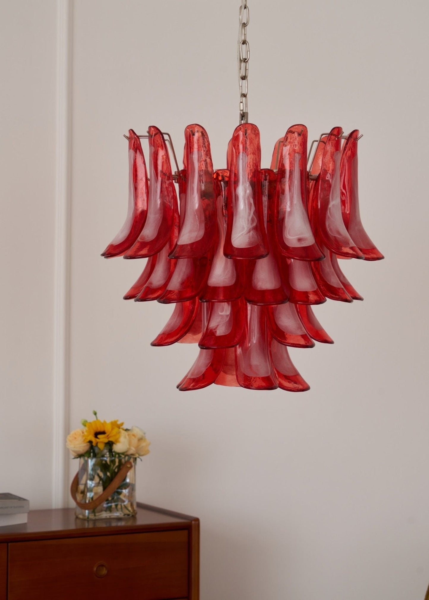 Crimson Glass Petals Chandelier - Elegant Design with Adjustable Heigh