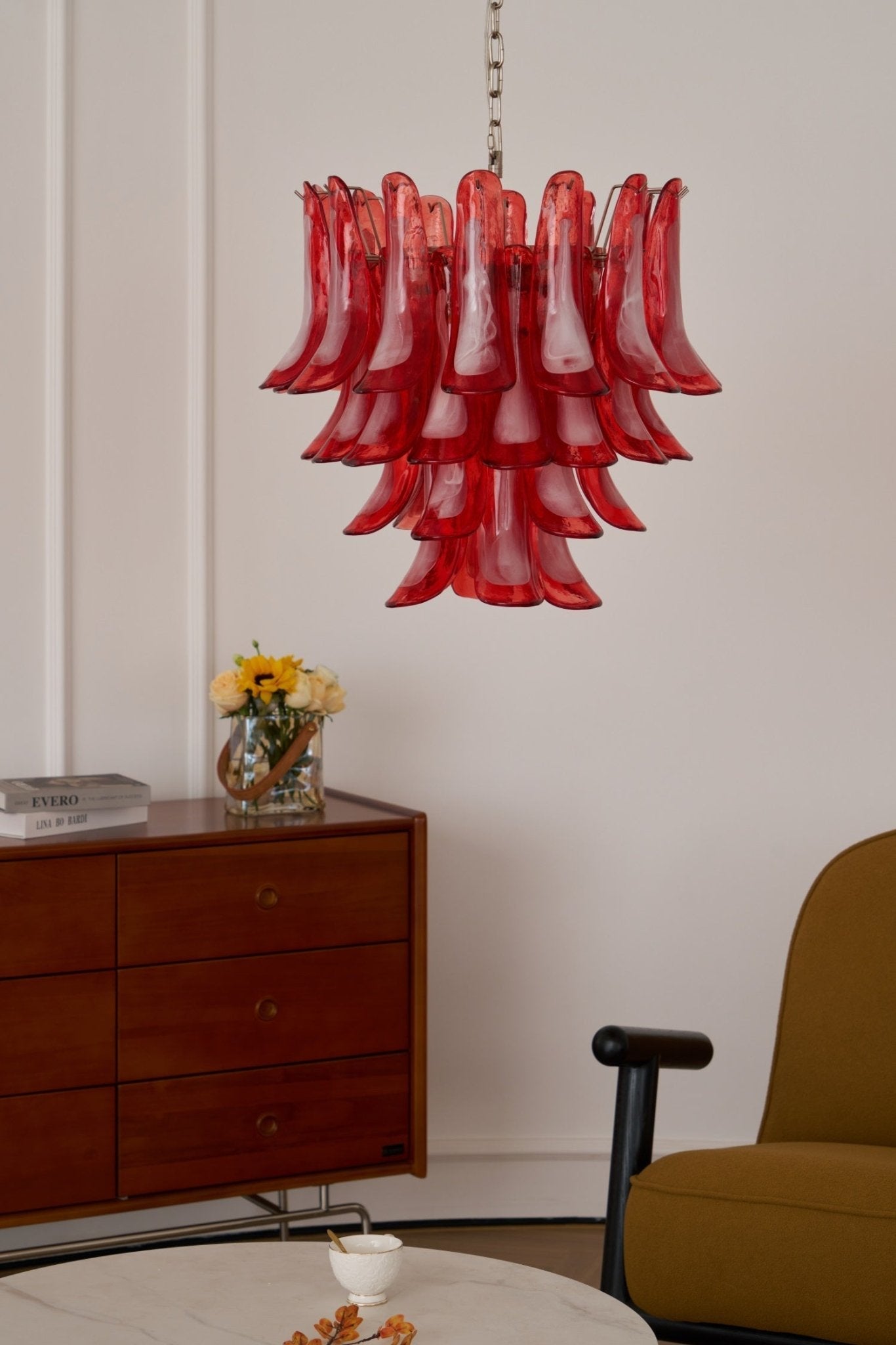 Crimson Glass Petals Chandelier - Elegant Design with Adjustable Heigh