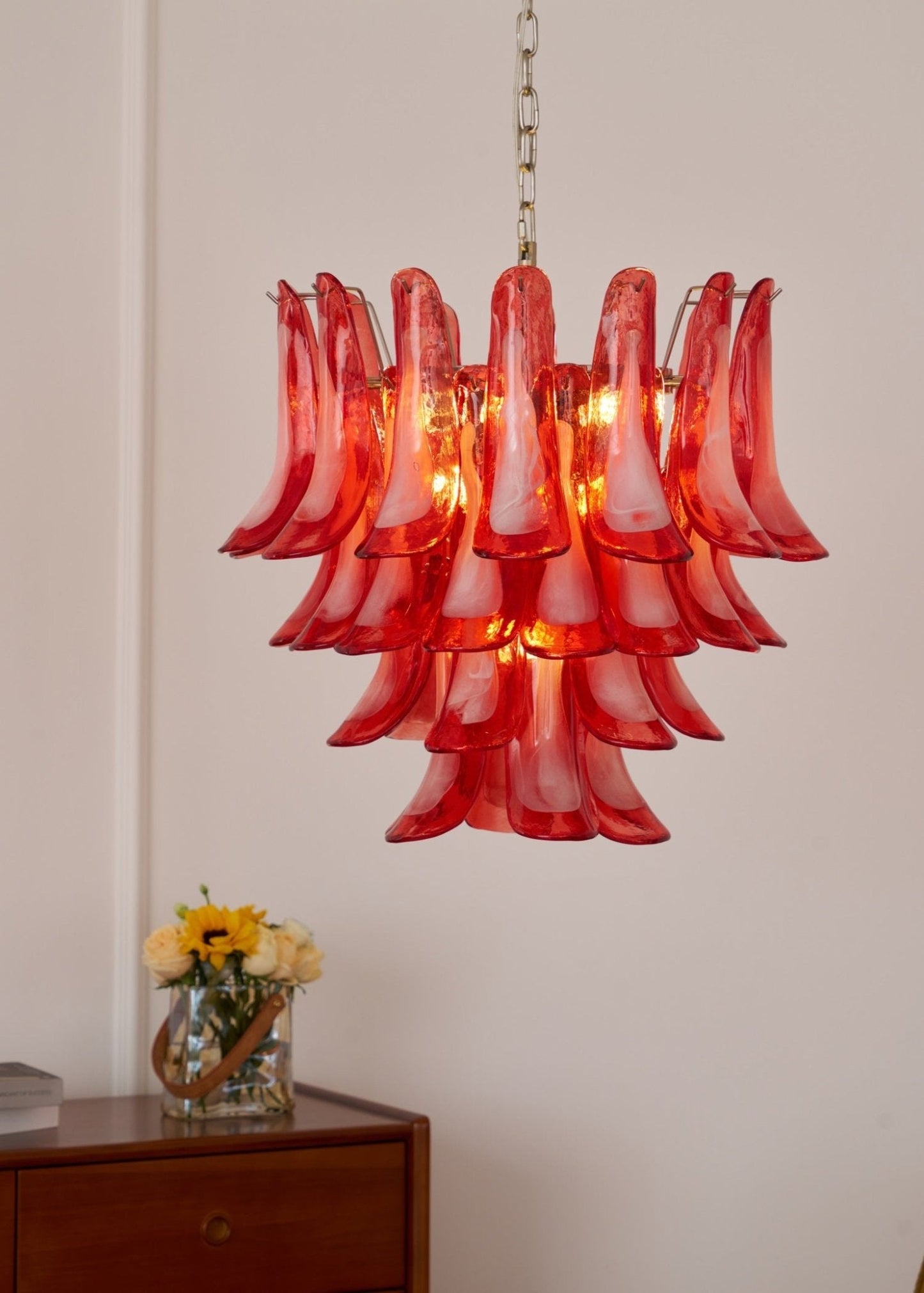 Crimson Glass Petals Chandelier - Elegant Design with Adjustable Heigh