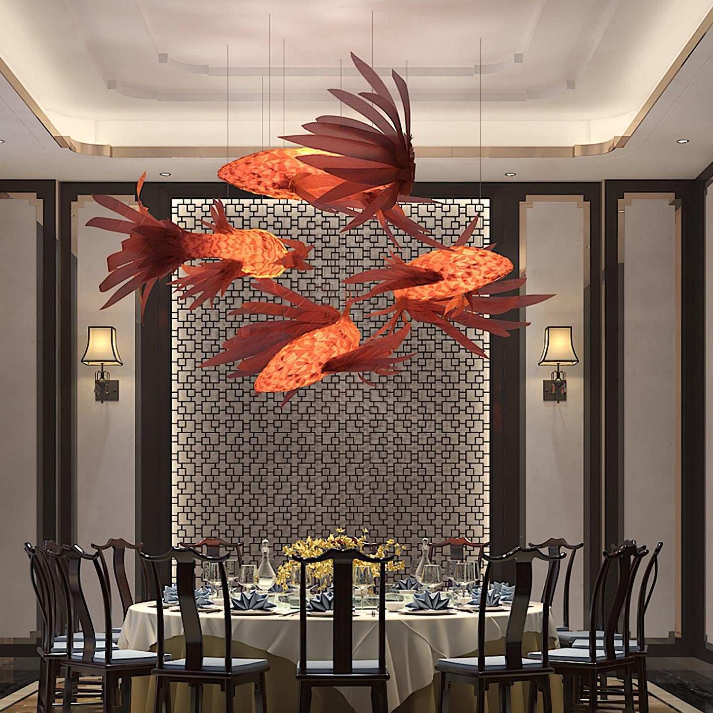Crimson Swirl Koi Chandelier - Elegant Design with Adjustable Height