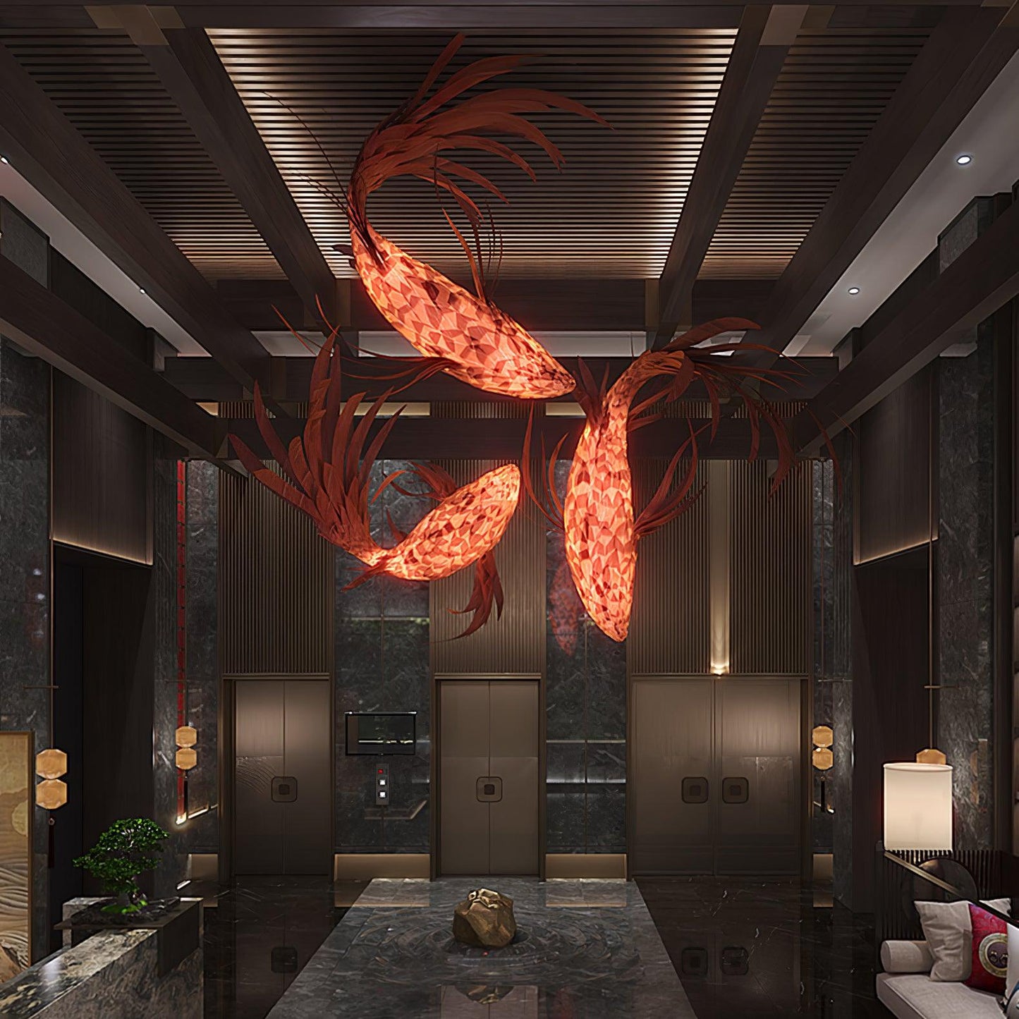 Crimson Swirl Koi Chandelier - Elegant Design with Adjustable Height