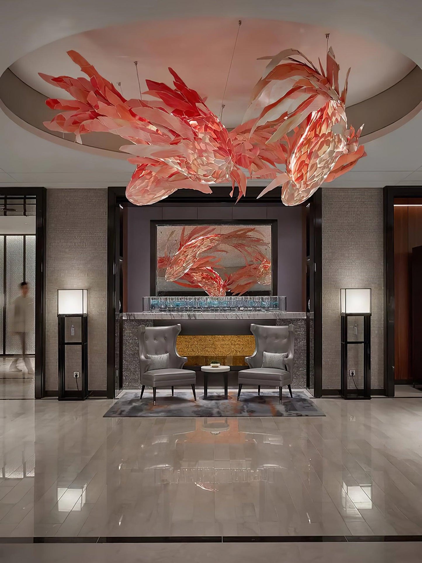 Crimson Swirl Koi Chandelier - Elegant Design with Adjustable Height