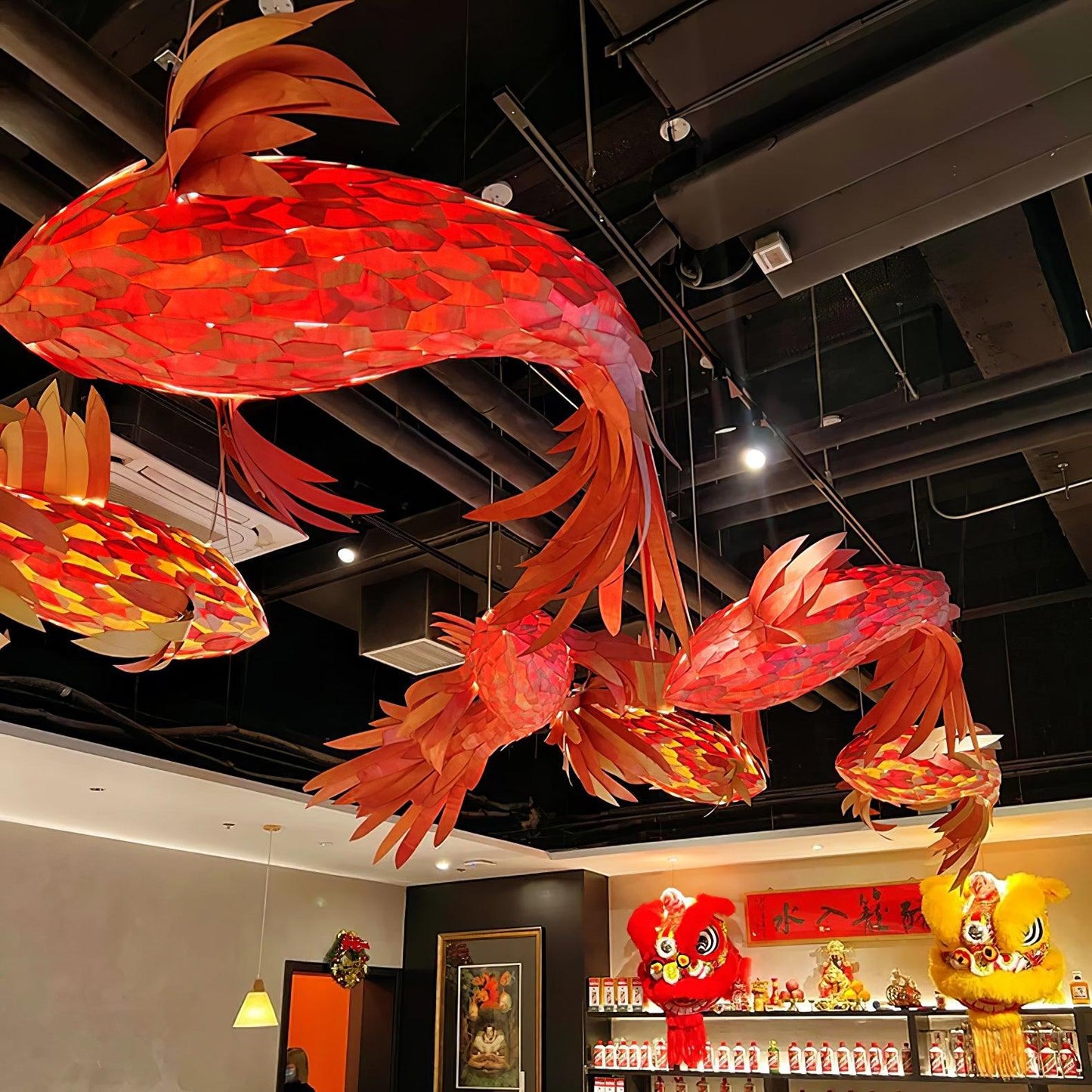 Crimson Swirl Koi Chandelier - Elegant Design with Adjustable Height