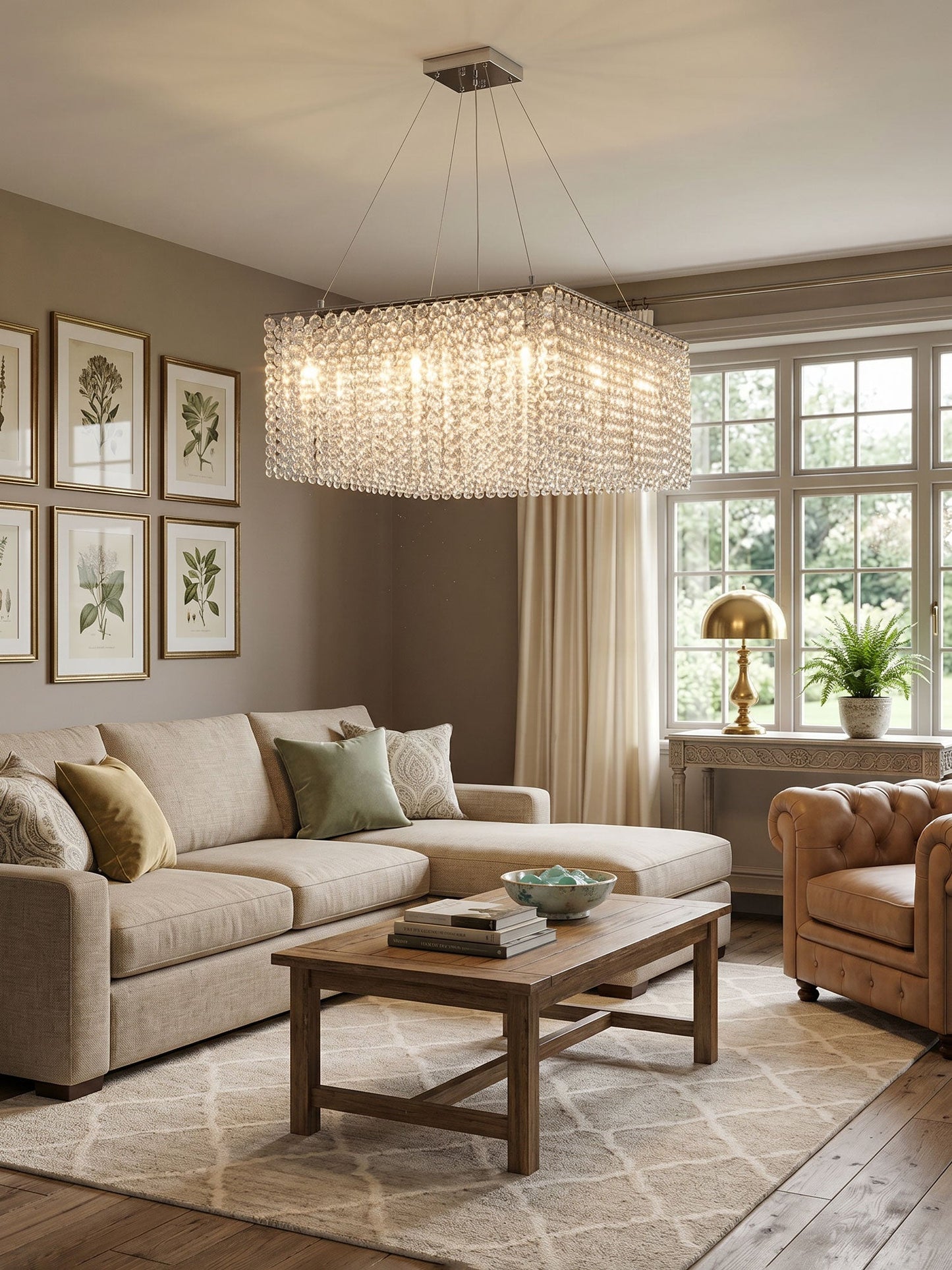 Elegant Crystal Frame Chandelier with Adjustable Height & LED Compatib
