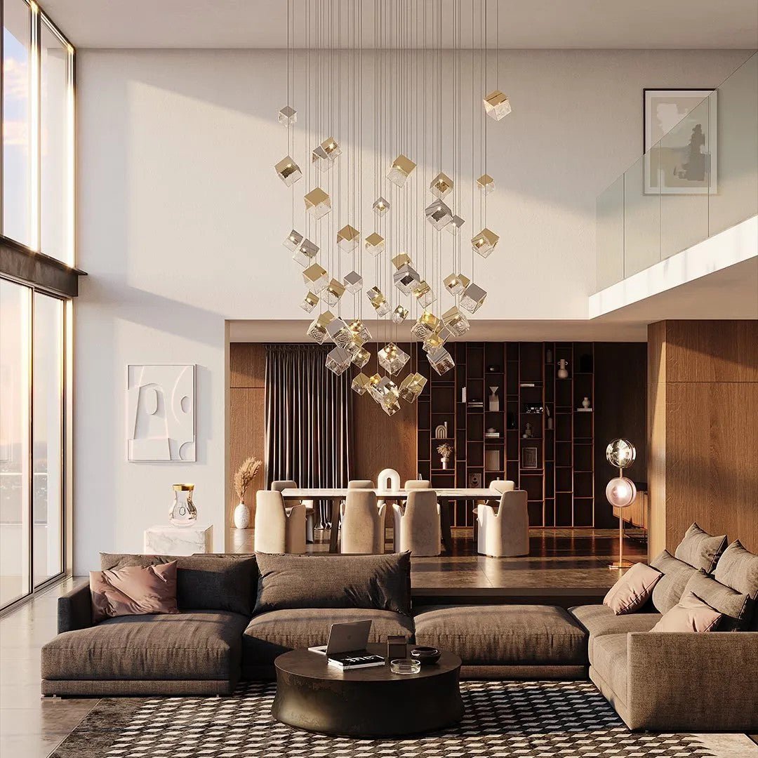 Cubic Luster Cascade Chandelier – Elegant Design with Adjustable Heigh