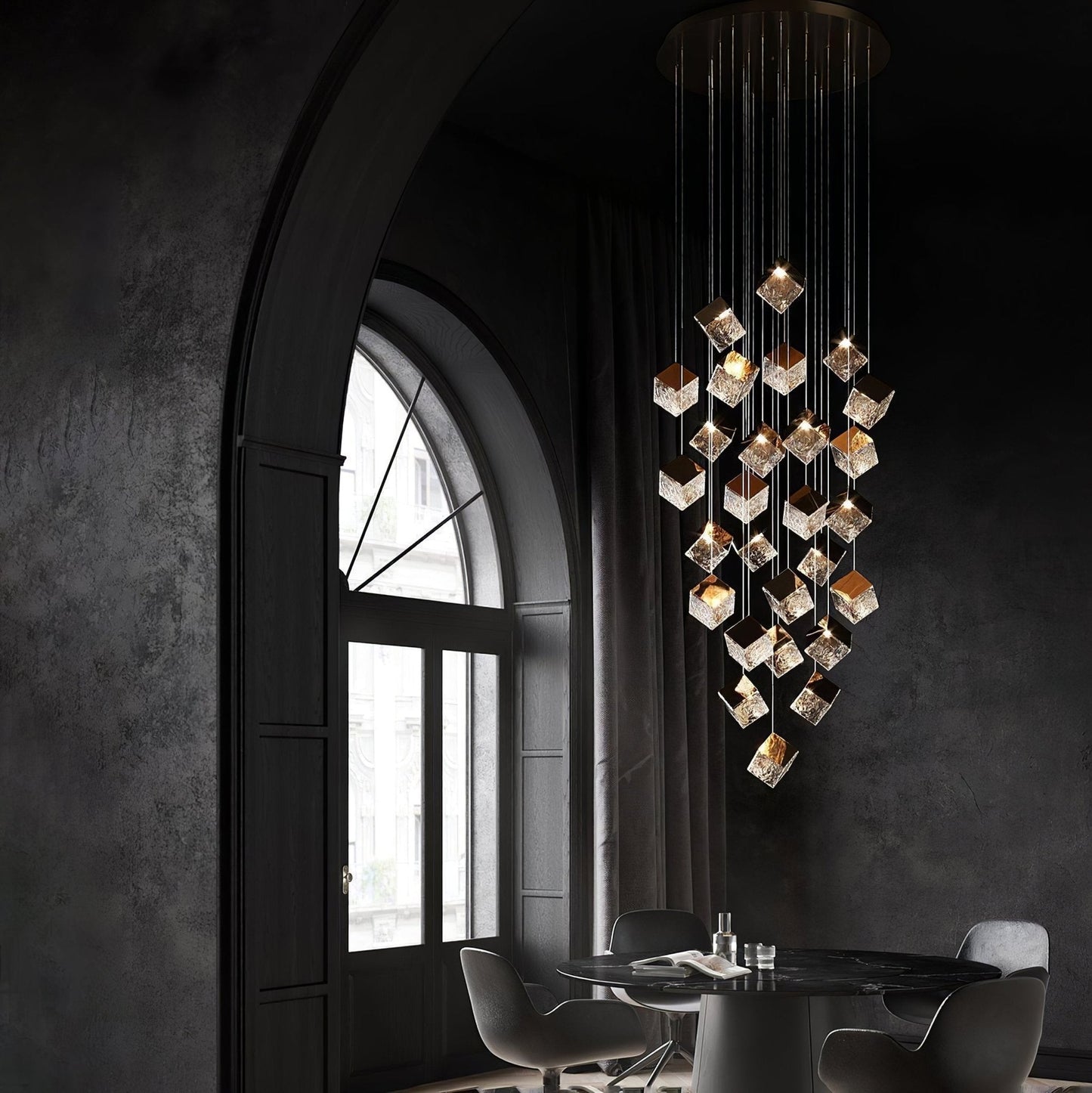 Cubic Luster Cascade Chandelier – Elegant Design with Adjustable Heigh