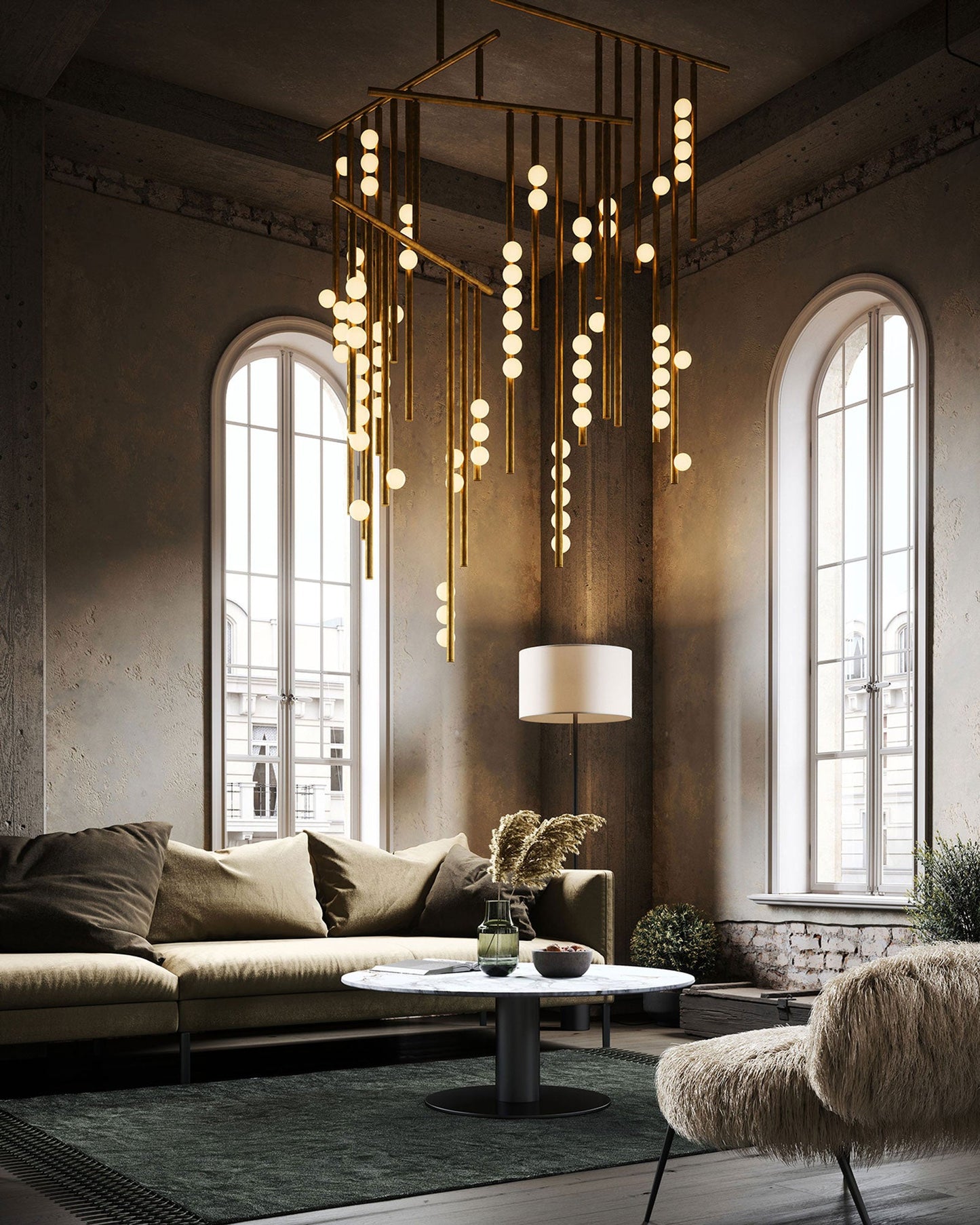 Elegant Brass Glass Drop Chandelier with Adjustable Height & LED Compa