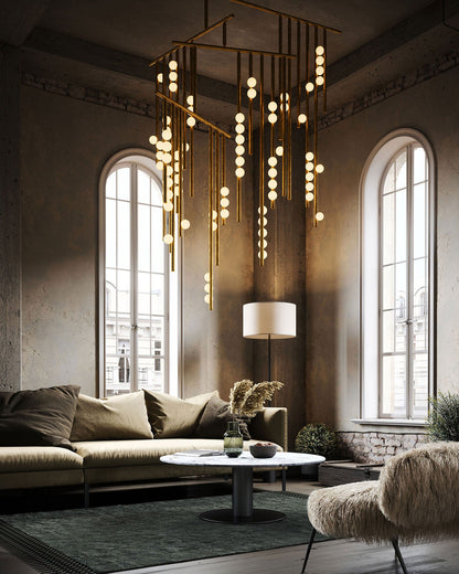 Elegant Brass Glass Drop Chandelier with Adjustable Height & LED Compa