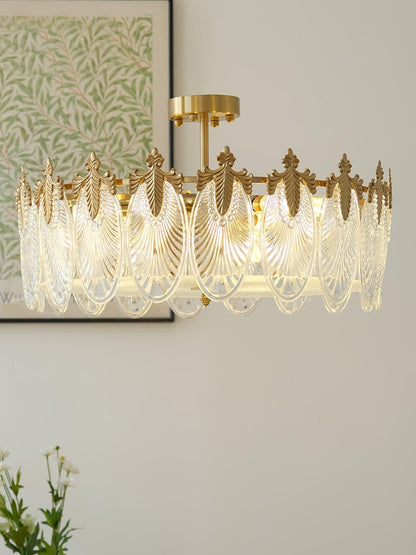 Elegant Round Glass Chandelier with Decorative Patterns & LED Compatib