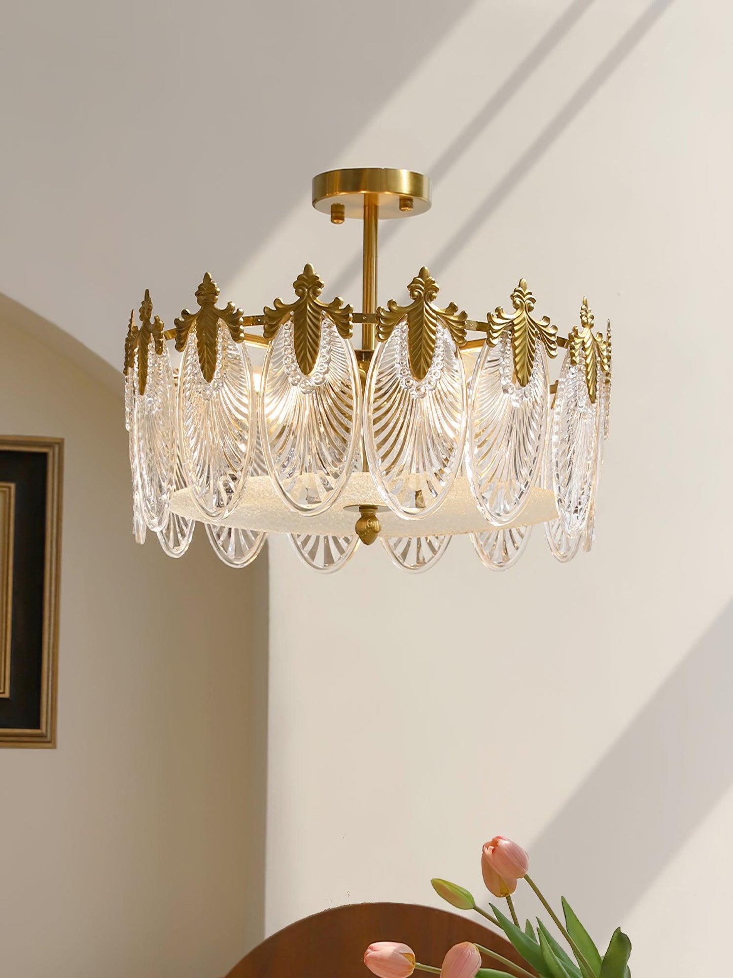 Elegant Round Glass Chandelier with Decorative Patterns & LED Compatib