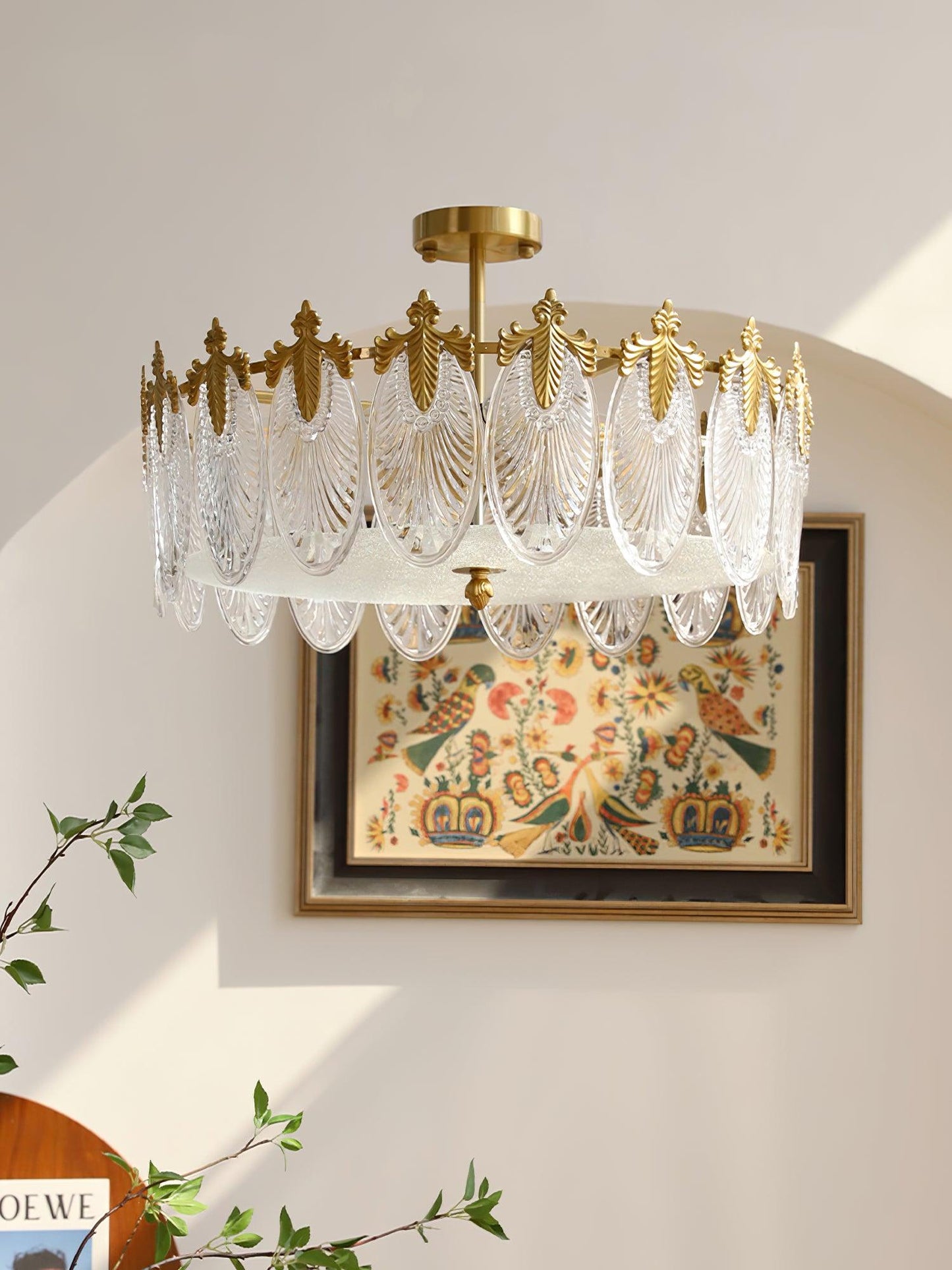 Elegant Round Glass Chandelier with Decorative Patterns & LED Compatib