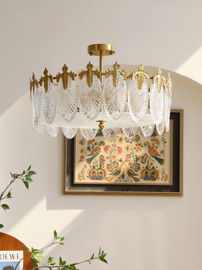 Elegant Round Glass Chandelier with Decorative Patterns & LED Compatib