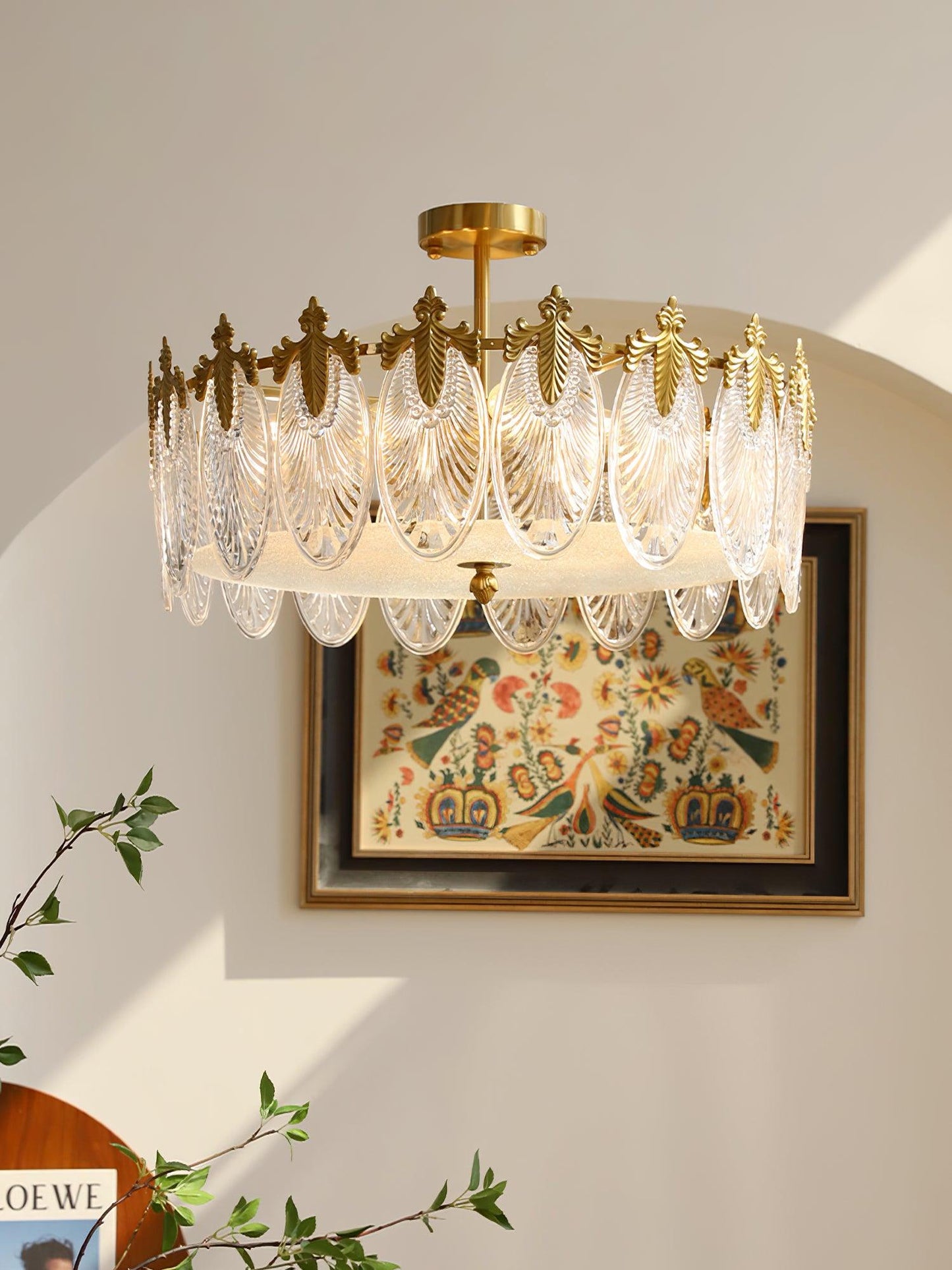 Elegant Round Glass Chandelier with Decorative Patterns & LED Compatib