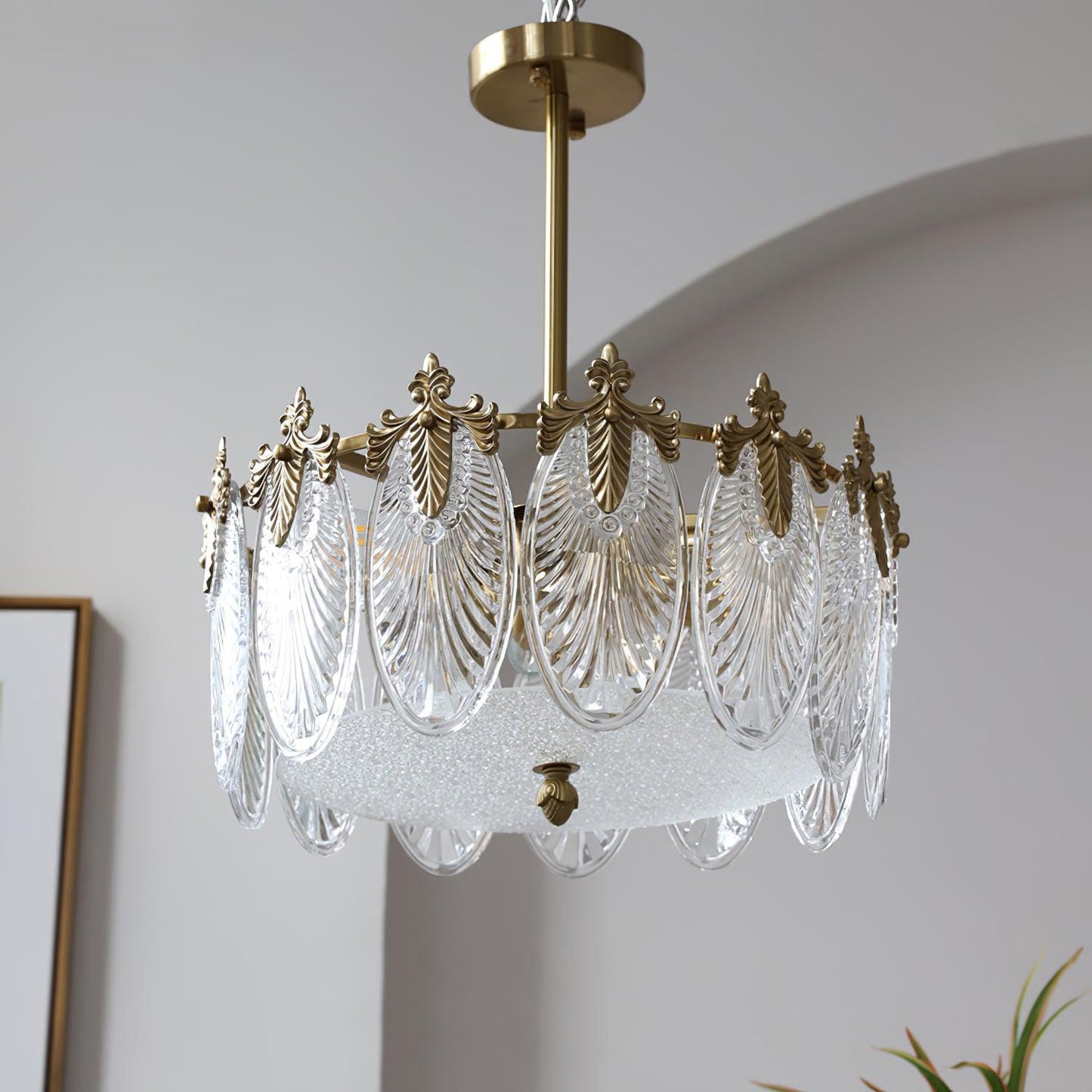 Elegant Round Glass Chandelier with Decorative Patterns & LED Compatib