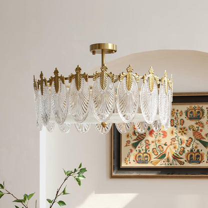 Elegant Round Glass Chandelier with Decorative Patterns & LED Compatib