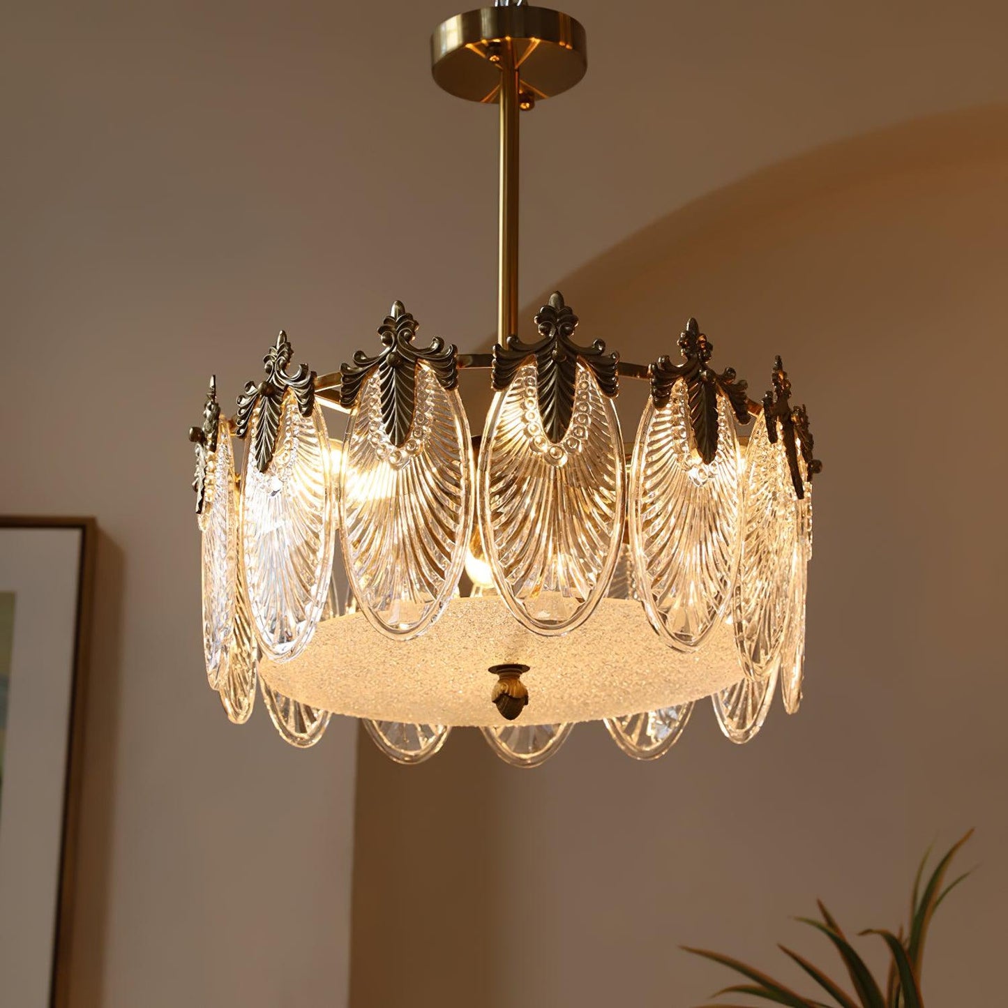 Elegant Round Glass Chandelier with Decorative Patterns & LED Compatib