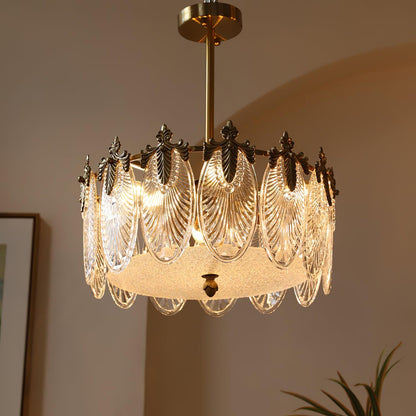 Elegant Round Glass Chandelier with Decorative Patterns & LED Compatib