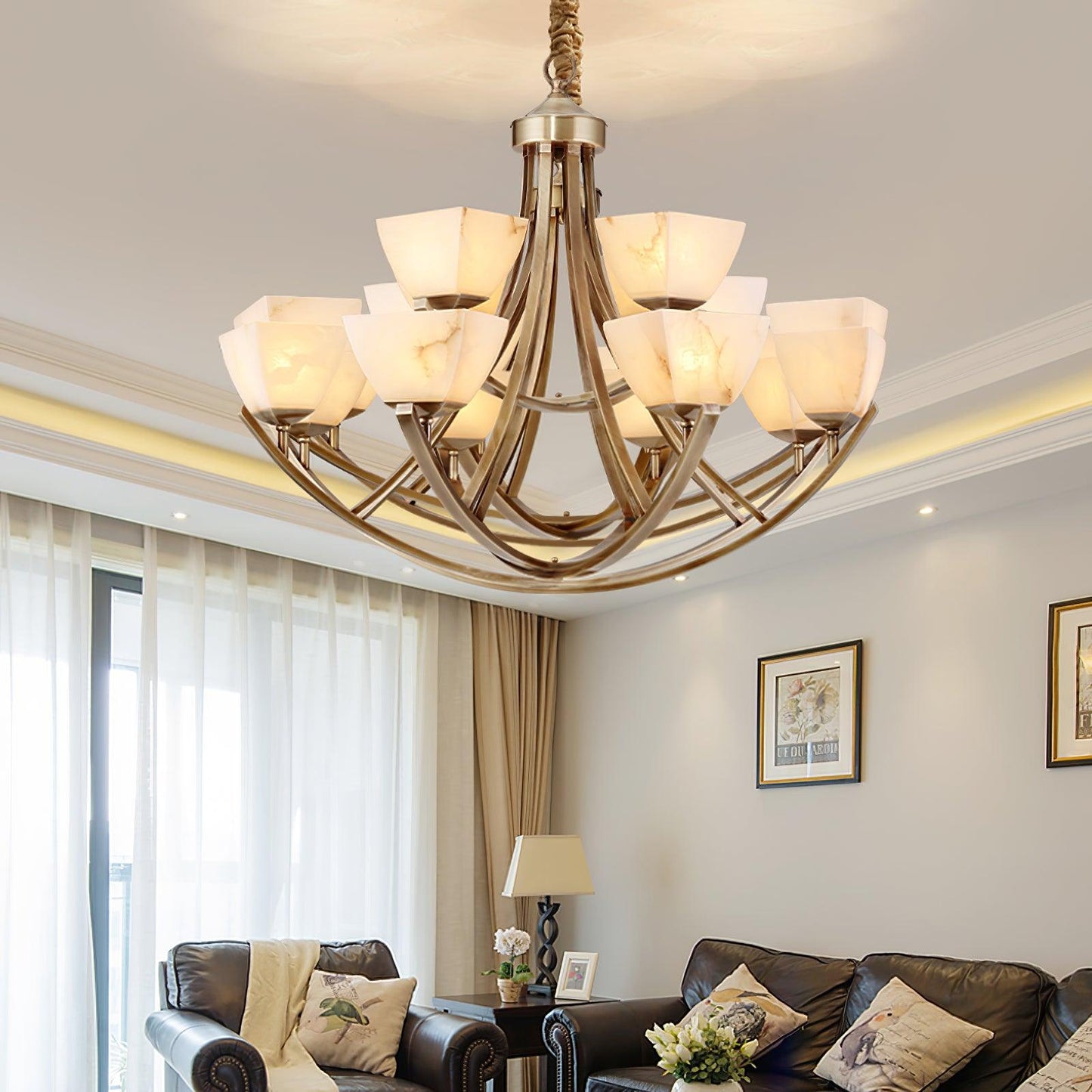 Dover Brass Chandelier - Elegant Design with Adjustable Height & LED C