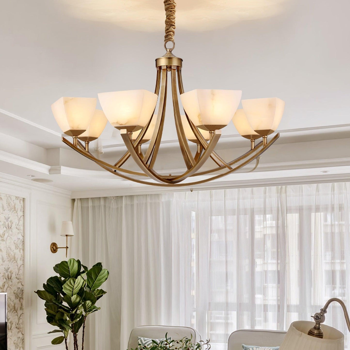 Dover Brass Chandelier - Elegant Design with Adjustable Height & LED C