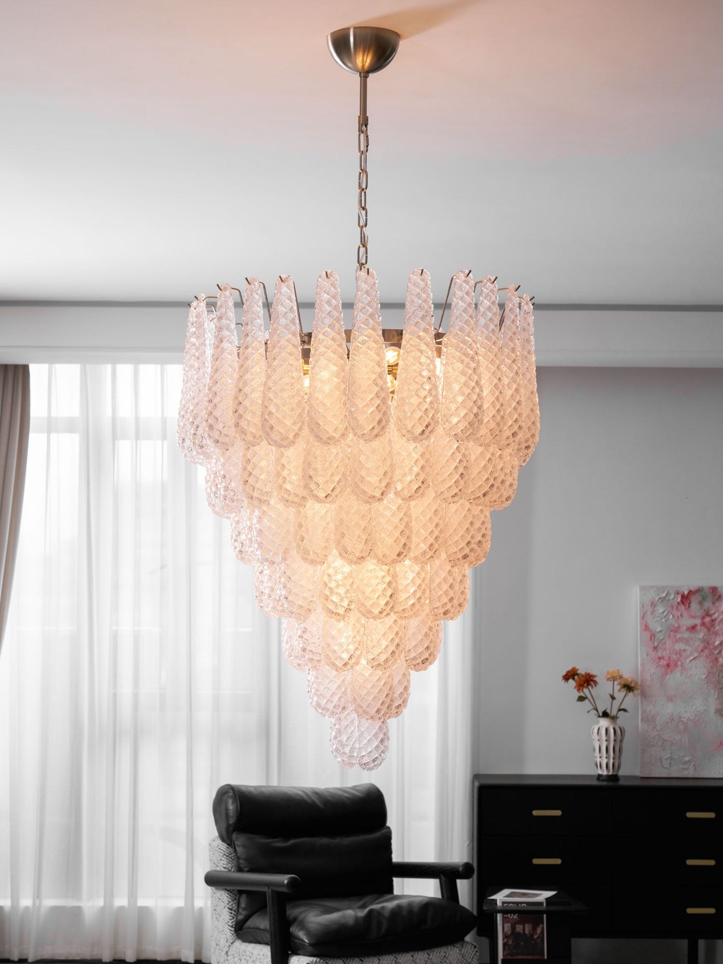 Elegant Glass Droplet Chandelier with Adjustable Height & LED Compatib
