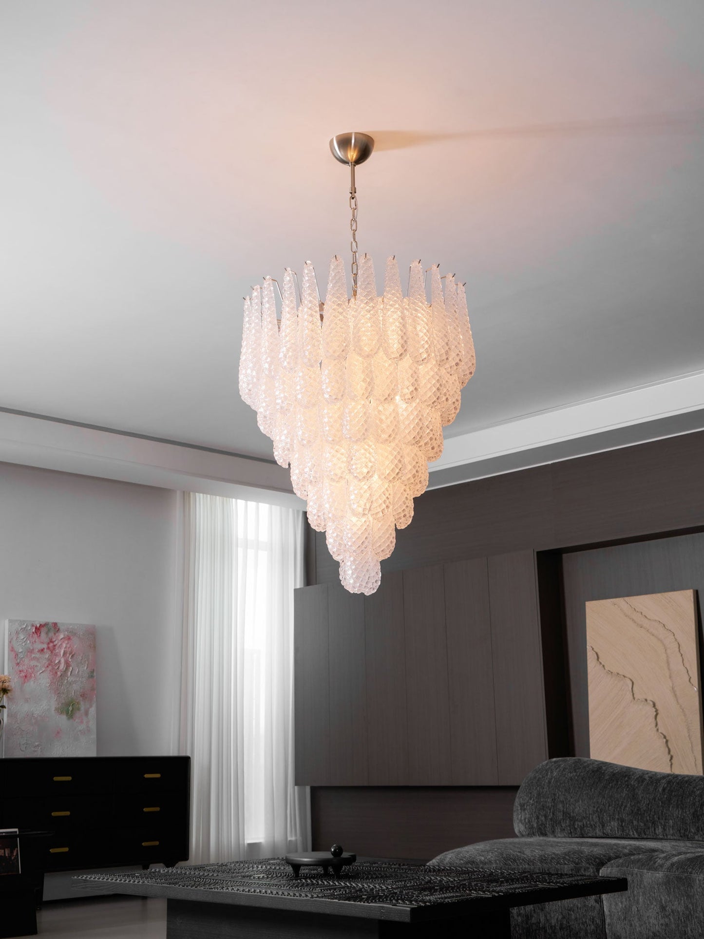 Elegant Glass Droplet Chandelier with Adjustable Height & LED Compatib