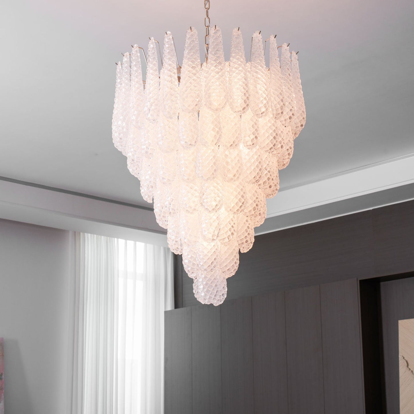 Elegant Glass Droplet Chandelier with Adjustable Height & LED Compatib