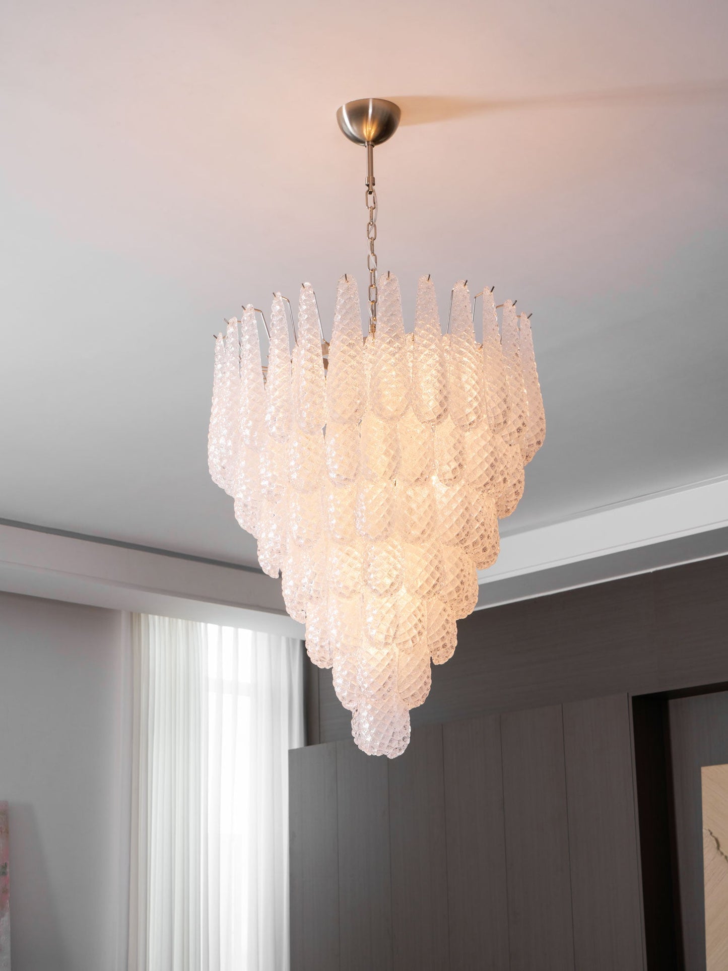 Elegant Glass Droplet Chandelier with Adjustable Height & LED Compatib
