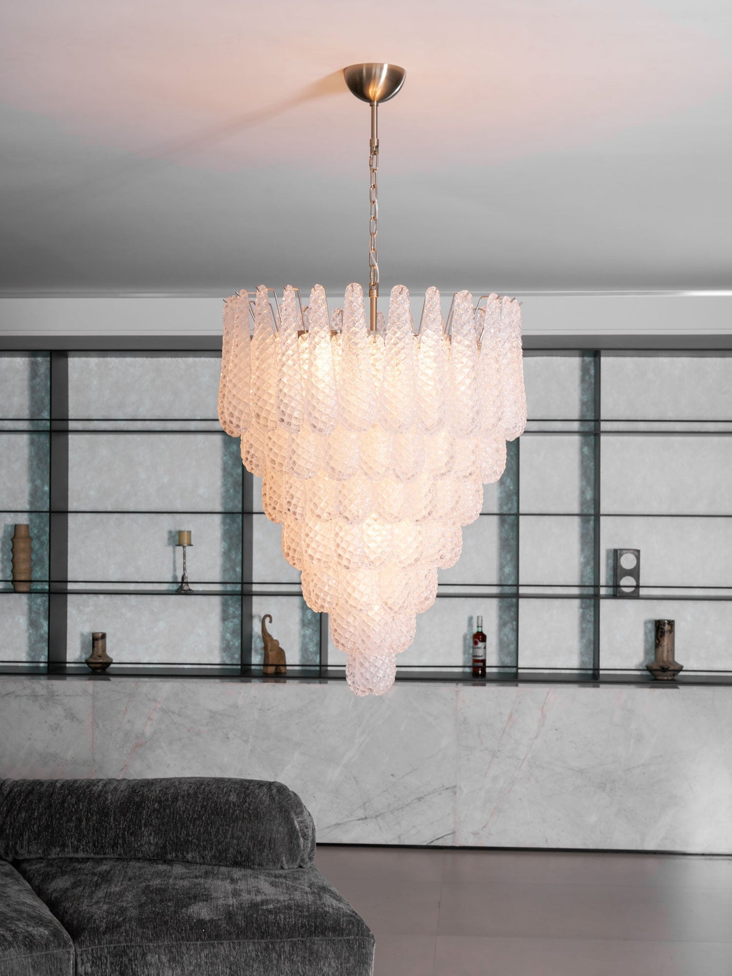 Elegant Glass Droplet Chandelier with Adjustable Height & LED Compatib