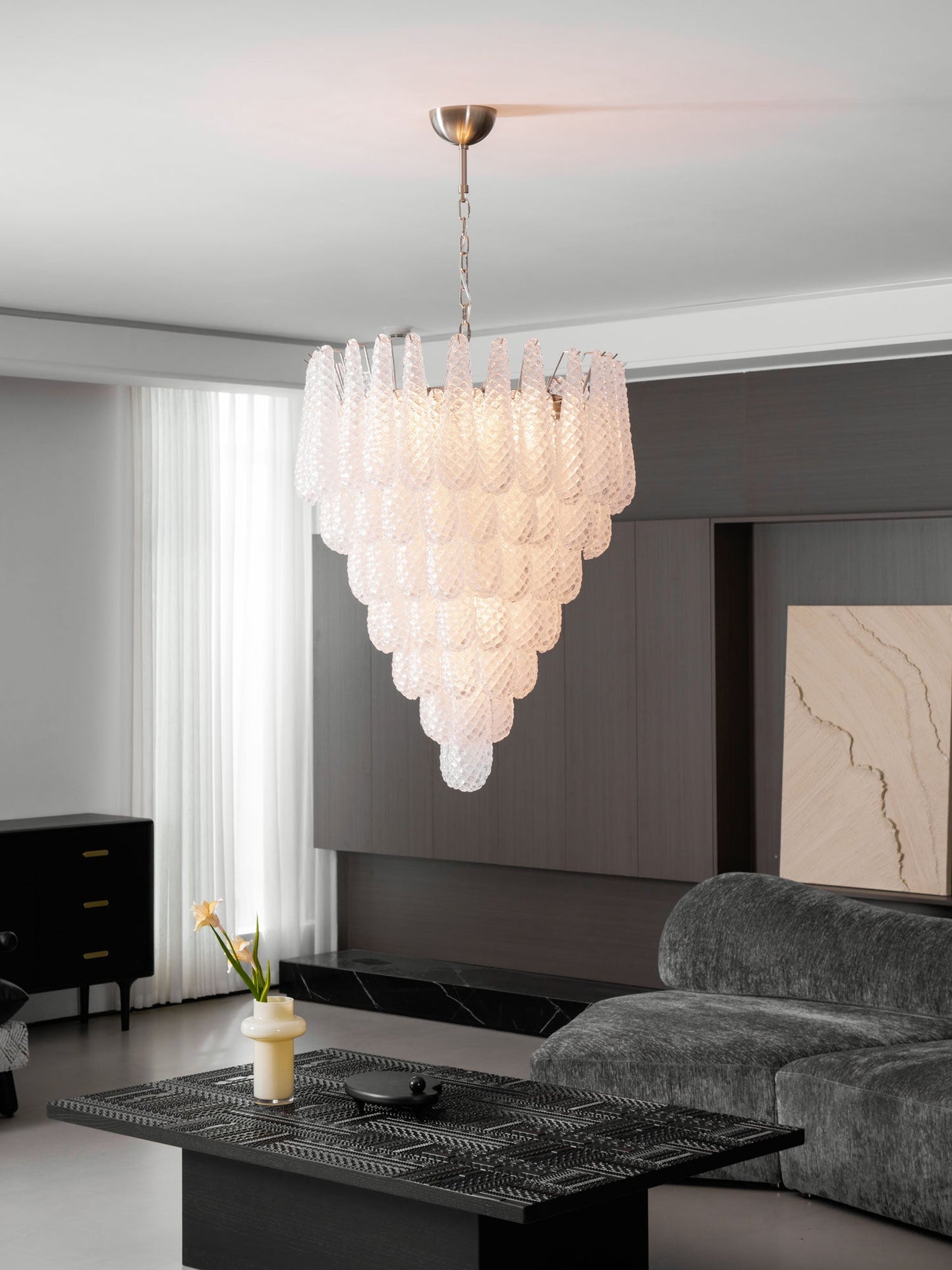 Elegant Glass Droplet Chandelier with Adjustable Height & LED Compatib
