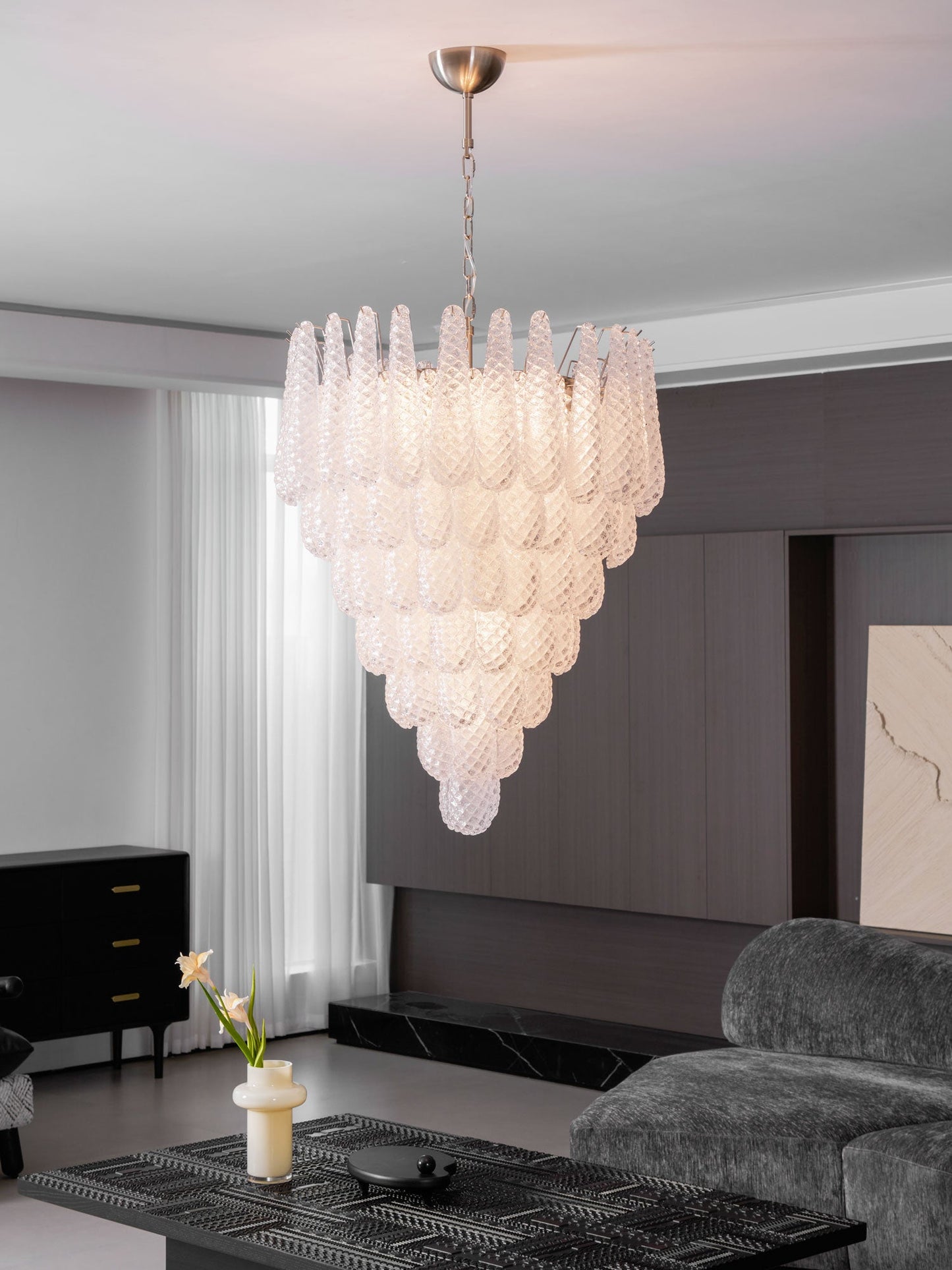 Elegant Glass Droplet Chandelier with Adjustable Height & LED Compatib