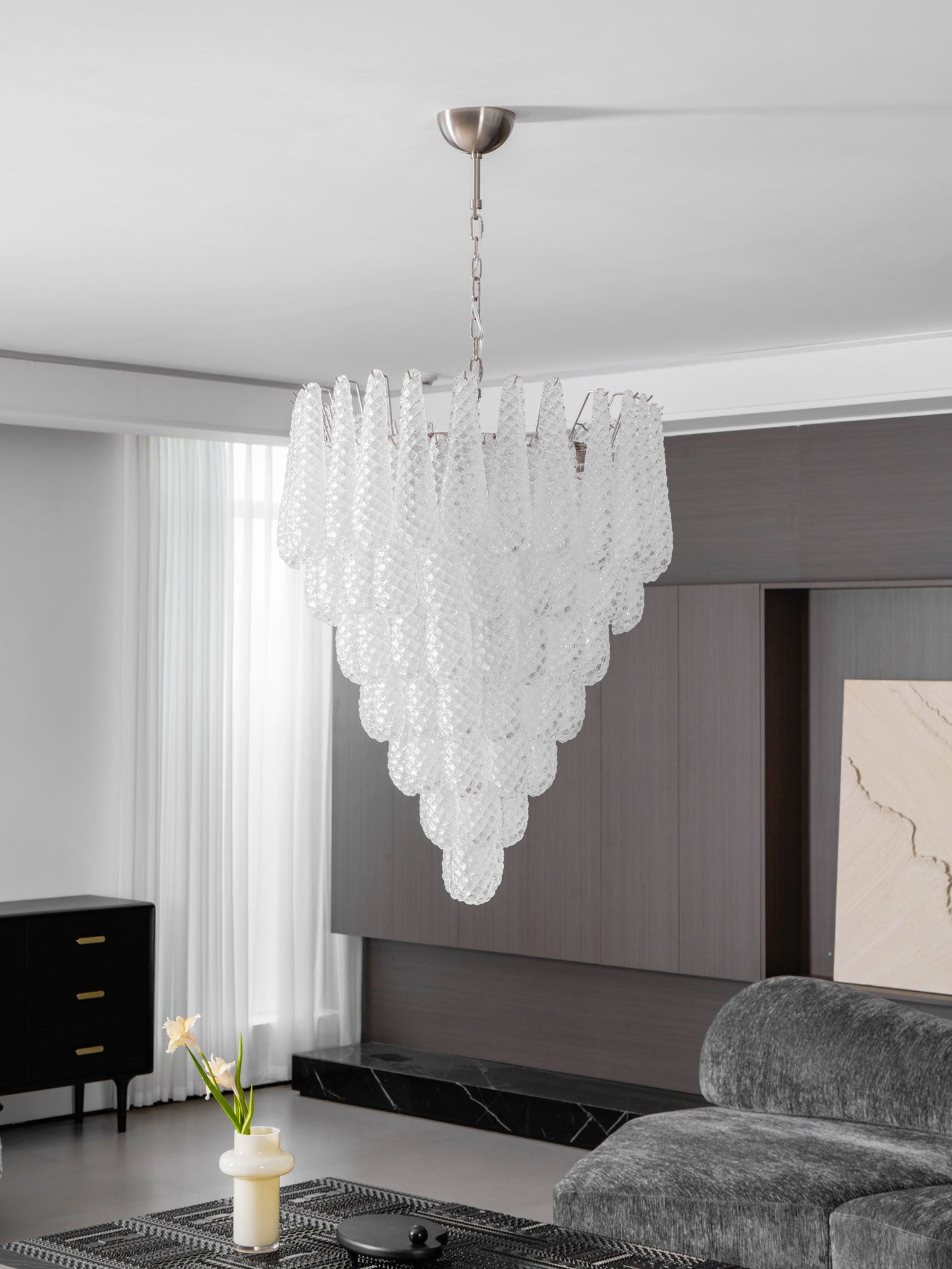 Elegant Glass Droplet Chandelier with Adjustable Height & LED Compatib
