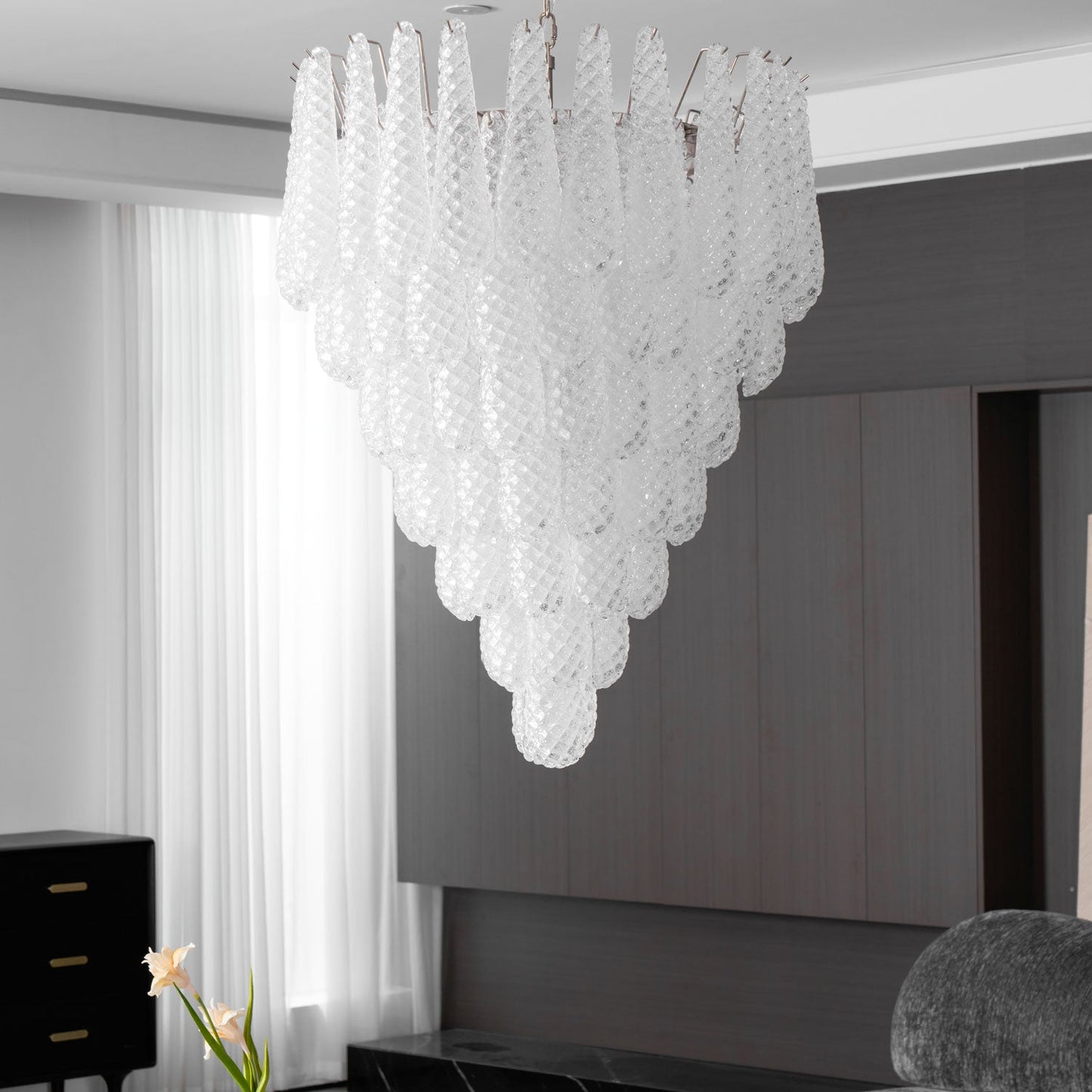 Elegant Glass Droplet Chandelier with Adjustable Height & LED Compatib