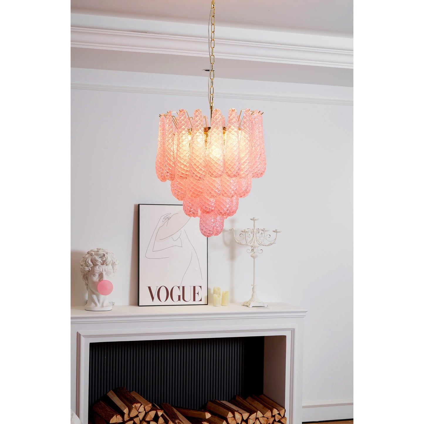 Elegant Pink Glass Droplet Chandelier - Adjustable Height, Modern Desi