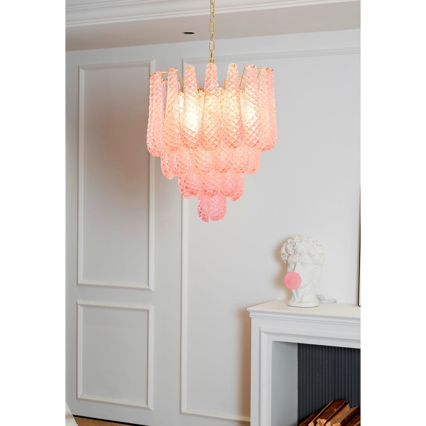 Elegant Pink Glass Droplet Chandelier - Adjustable Height, Modern Desi
