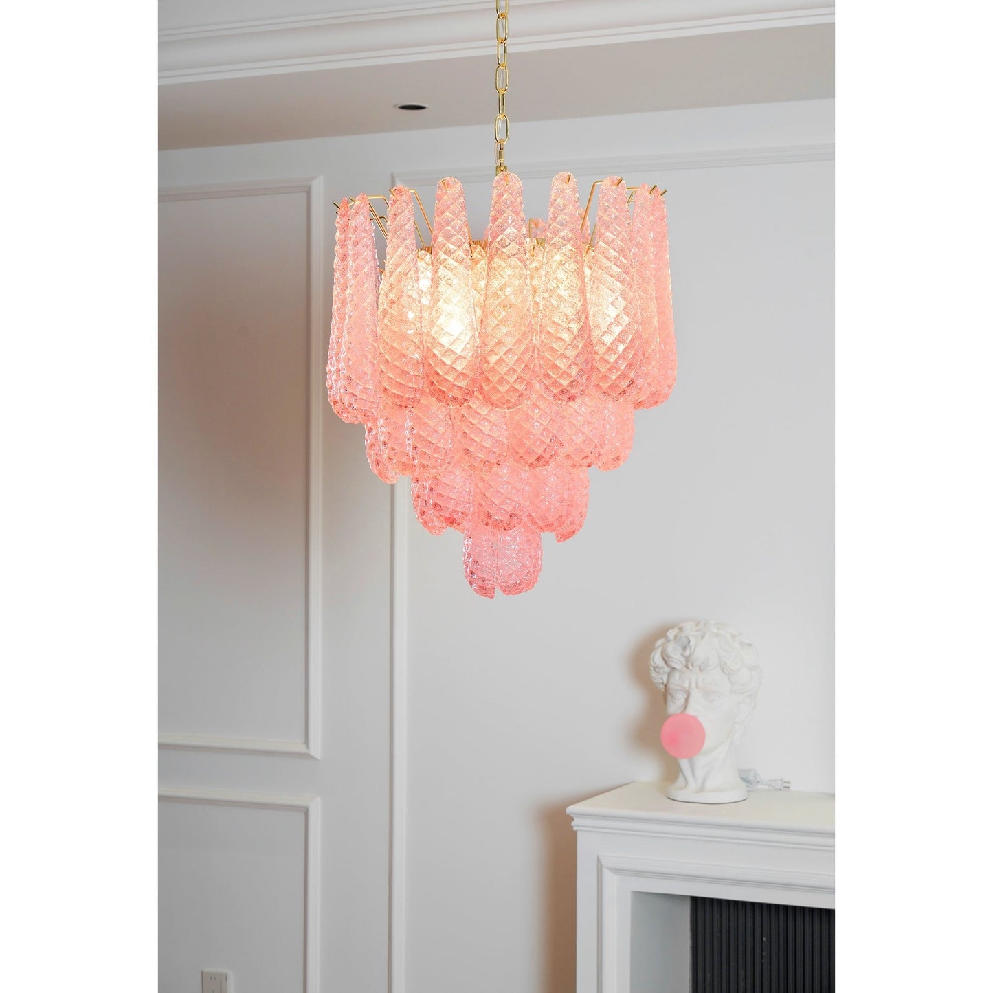 Elegant Pink Glass Droplet Chandelier - Adjustable Height, Modern Desi