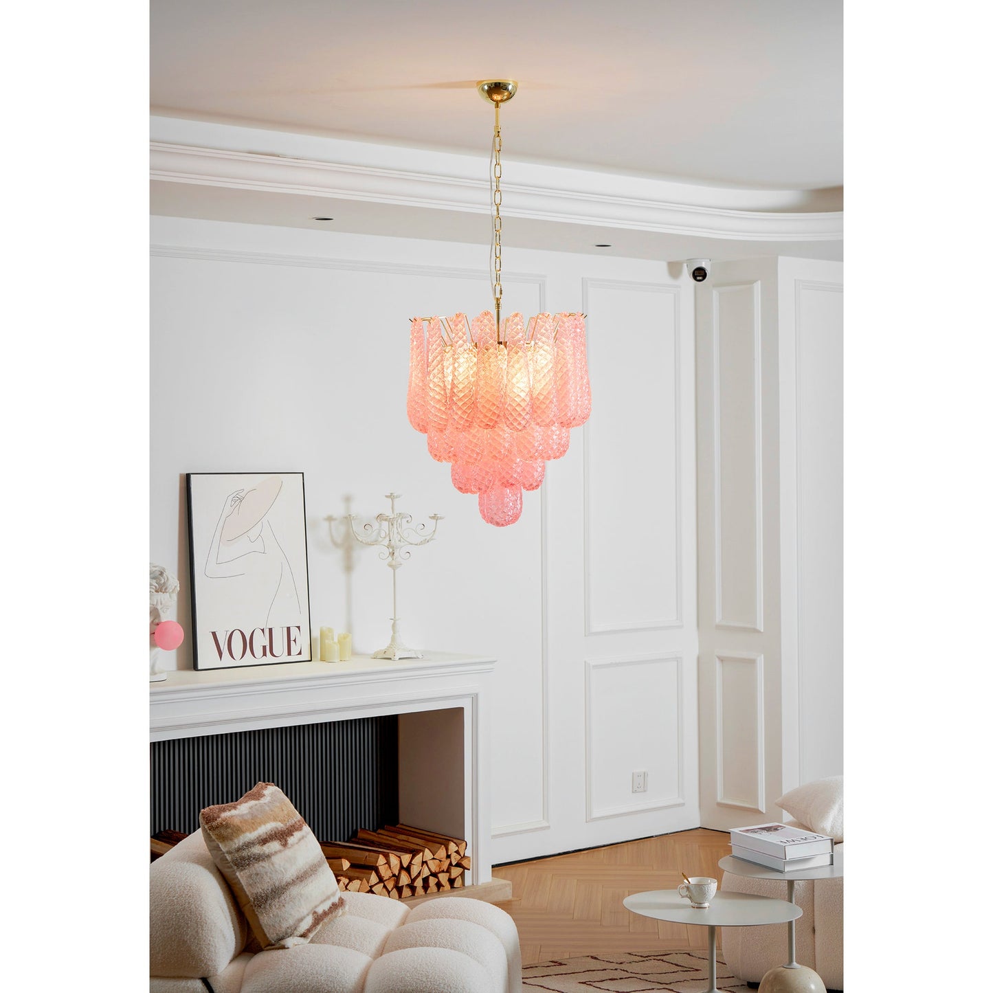 Elegant Pink Glass Droplet Chandelier - Adjustable Height, Modern Desi