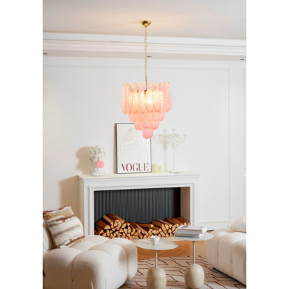 Elegant Pink Glass Droplet Chandelier - Adjustable Height, Modern Desi